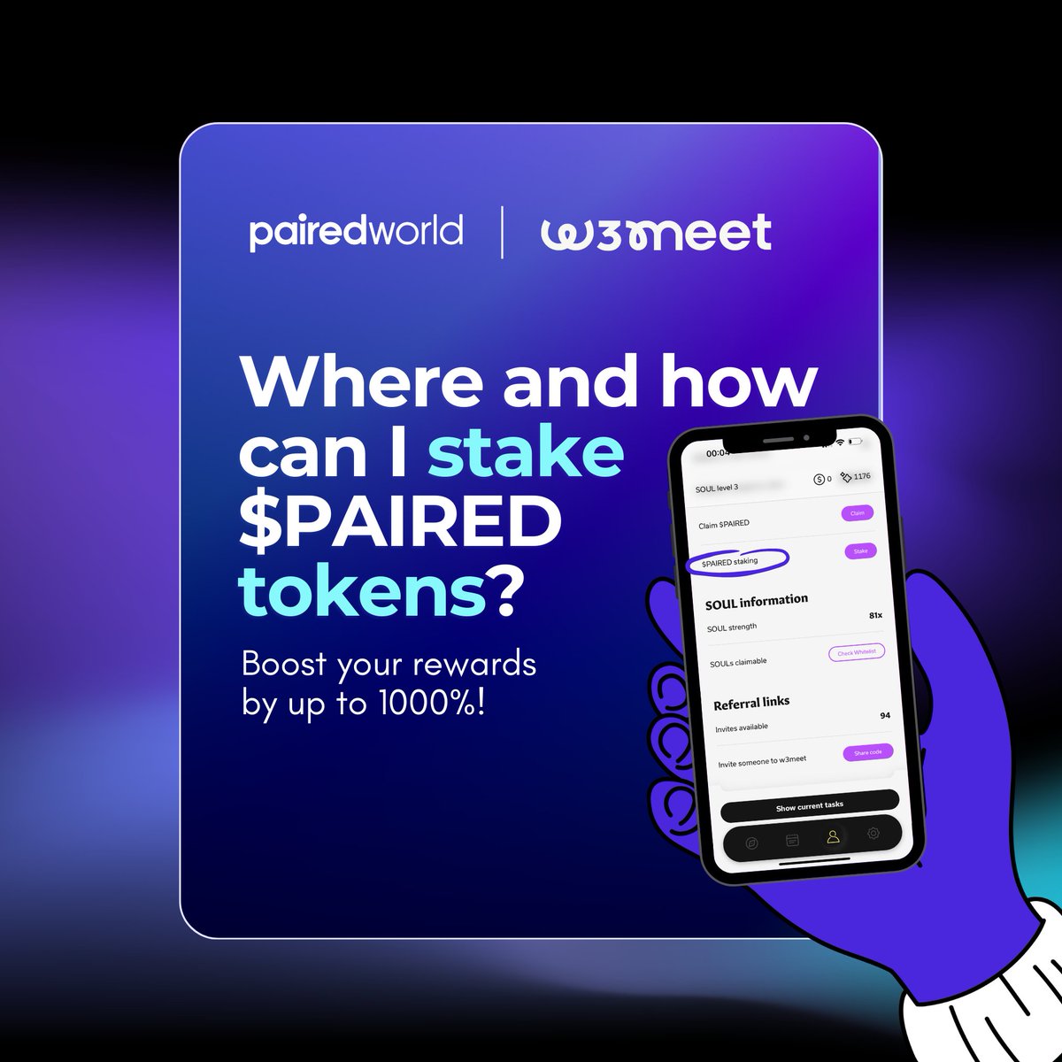 Stake your $PAIRED tokens in the @w3meetapp  available for download on iOS and Android to boost your rewards by up to 1000%!