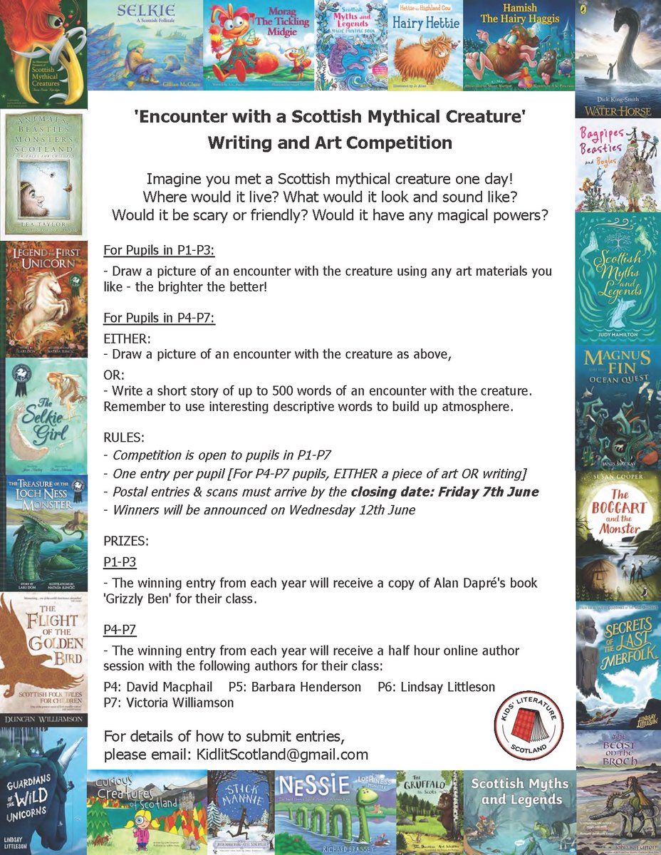 For any schools out there, we at @KidlitScotland are running a competition for primary schools, details below! All about an encounter with a Scottish mythical creature!