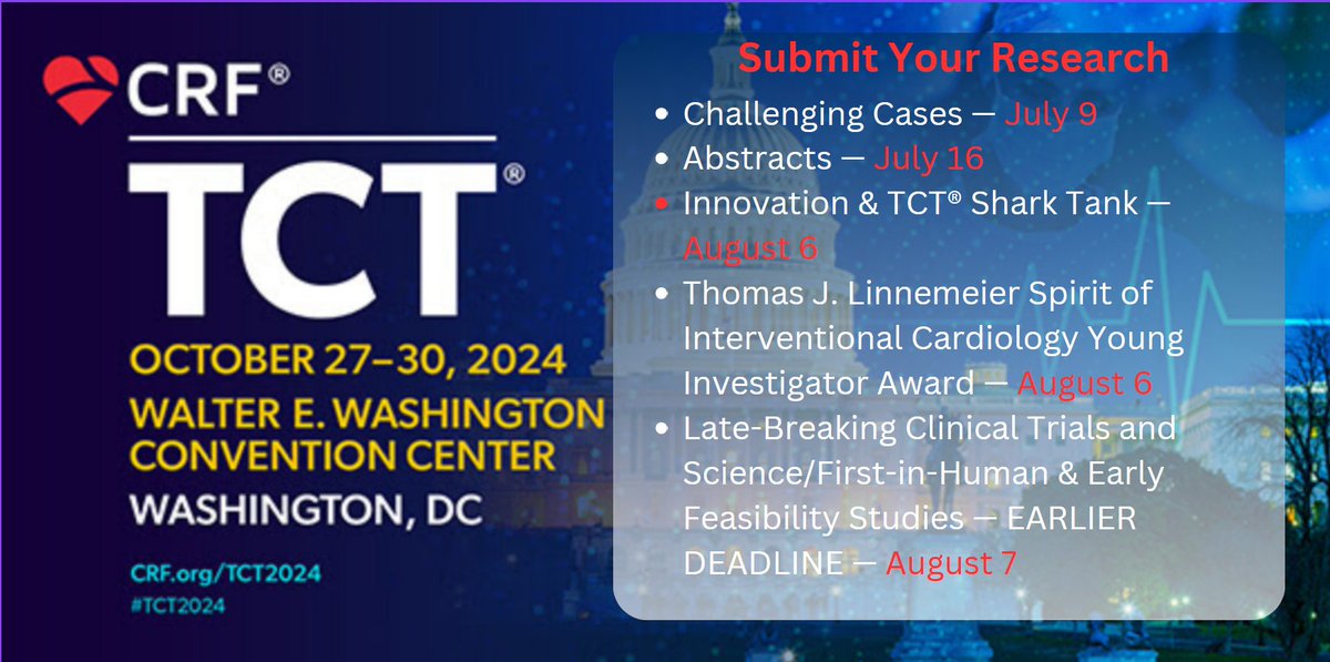 #TCT2024 Submit your research! Why Submit? -Chance to Join the Distinguished Faculty Lineup -Expand Your Professional Network -Propel Your Career Forward -Earn Global Recognition for Your Work @TCTConference @TCTMD @Drroxmehran @DLBHATTMD @ShelleyWood2 tct2024.crfconferences.com/topics-categor…
