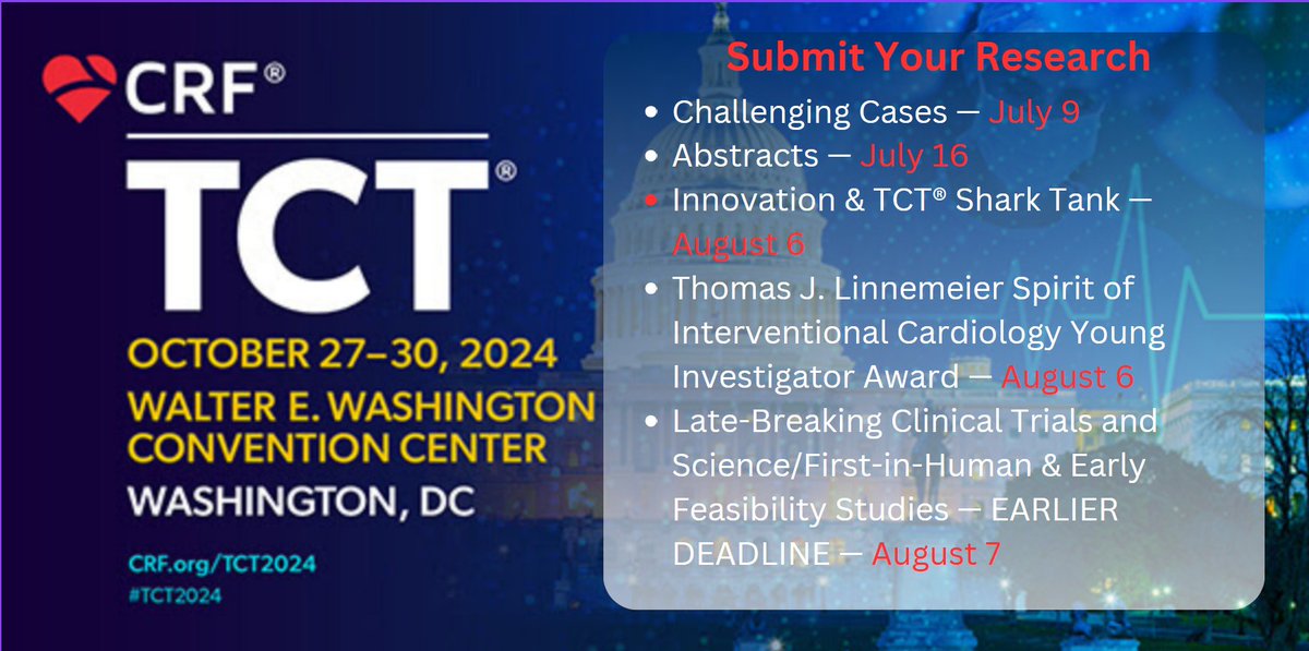 Bailey Ann Estes (@baileyannrn) on Twitter photo #TCT2024 Submit your research!
Why Submit?
-Chance to Join the Distinguished Faculty Lineup
-Expand Your Professional Network
-Propel Your Career Forward
-Earn Global Recognition for Your Work
<a href="/TCTConference/">TCT Conference</a> <a href="/TCTMD/">TCTMD</a> <a href="/Drroxmehran/">Dr Roxana Mehran</a> <a href="/DLBHATTMD/">Dr. Deepak L. Bhatt</a> <a href="/ShelleyWood2/">Shelley Wood (she/her)</a>
tct2024.crfconferences.com/topics-categor… #TCT2024 Submit your research!
Why Submit?
-Chance to Join the Distinguished Faculty Lineup
-Expand Your Professional Network
-Propel Your Career Forward
-Earn Global Recognition for Your Work
<a href="/TCTConference/">TCT Conference</a> <a href="/TCTMD/">TCTMD</a> <a href="/Drroxmehran/">Dr Roxana Mehran</a> <a href="/DLBHATTMD/">Dr. Deepak L. Bhatt</a> <a href="/ShelleyWood2/">Shelley Wood (she/her)</a>
tct2024.crfconferences.com/topics-categor…