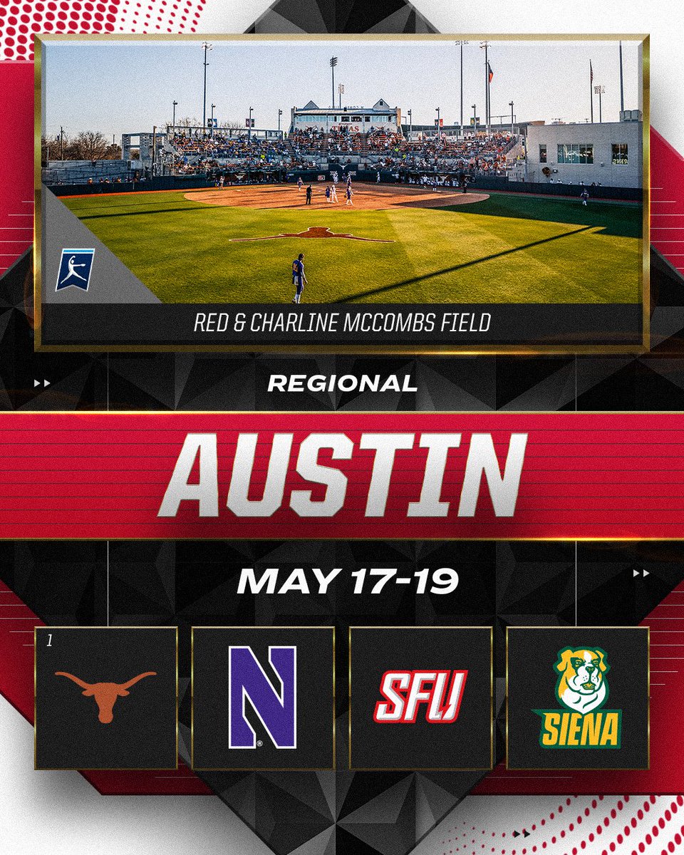 NCAA Softball (@ncaasoftball) on Twitter photo Austin Regional
📅 May 17-19
(1) <a href="/TexasSoftball/">Texas Softball</a>
<a href="/NUSBcats/">Northwestern Softball</a>
<a href="/RedFlashSB/">Saint Francis Softball</a>
<a href="/Siena_Softball/">Siena Softball</a>
#RoadToWCWS Austin Regional
📅 May 17-19
(1) <a href="/TexasSoftball/">Texas Softball</a>
<a href="/NUSBcats/">Northwestern Softball</a>
<a href="/RedFlashSB/">Saint Francis Softball</a>
<a href="/Siena_Softball/">Siena Softball</a>
#RoadToWCWS