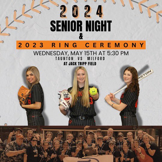 Please join us Wednesday, 5/15 @ 5:30pm for our 2023 State Championship ring ceremony followed by honoring our seniors for our 2024 Senior Night. Let’s give these girls the celebration they deserve. #leavealastingMark @CamMerritt_News @tauntonhstigers @BostonHeraldHS…