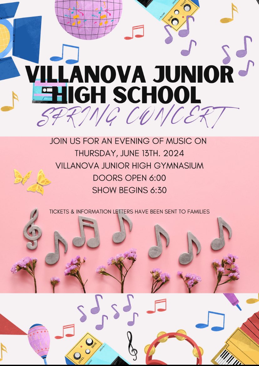 So excited to announce the @VillanovaSchool Spring Concert. MARK YOUR CALENDARS for Thursday June 13, 2024 @6:30 pm doors open at 6:00pm Information letters and tickets will go home with musicians this week! See you at the show!!🎶🎶@follettvjh