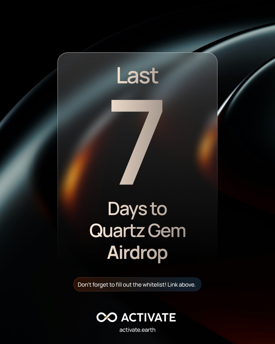 🚨 Just 7 days until our Activator Quartz Gem Airdrop! Don't miss out—secure your spot now!

🔗Whitelist Link: bit.ly/3wm1CgP 

#AirdropAlert #CryptoAirdrop #NFTDrop #BlockchainEvent #FreeCrypto #EarnCrypto #TokenAirdrop #NFTCommunity #QuartzGemAirdrop #CryptoEvent