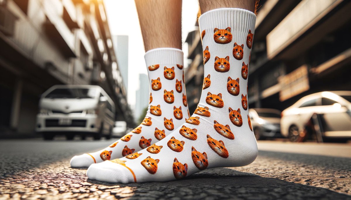 #PromptShare Dalle 3

💬 Prompt:
Photo of white socks with a [Subject] pattren/ design, [view ], represented on feet against a urban street background, product photography, soft lighting.

Try it and share your art ✨