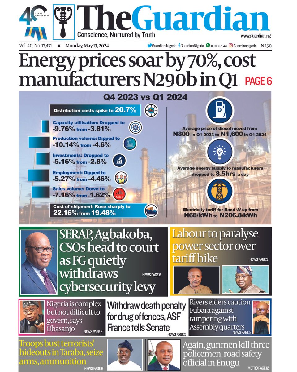 These are the headlines in today’s edition of The Guardian. Get The Guardian on the newsstands for the latest in world news, sports, and in-depth analysis. ⁣ Visit guardian.ng for more. #Energy #SERAP #CybersecurityLevy #CBN #FG #Labour #ElectricityTariff
