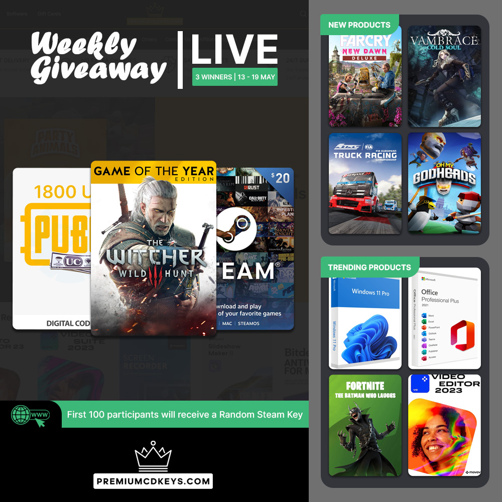 Our Weekly #Giveaway is Live!

Participate for a chance to win The Witcher 3 GOTY GOG Game, #Steam $20 USD Gift Card and #PUBG Mobile 1800 UC Gift Card.

To participate visit: premiumcdkeys.com/pages/weekly-g…

#Contest ends on 19 May 2024, 3 Winners will be selected randomly! #Giveaways
