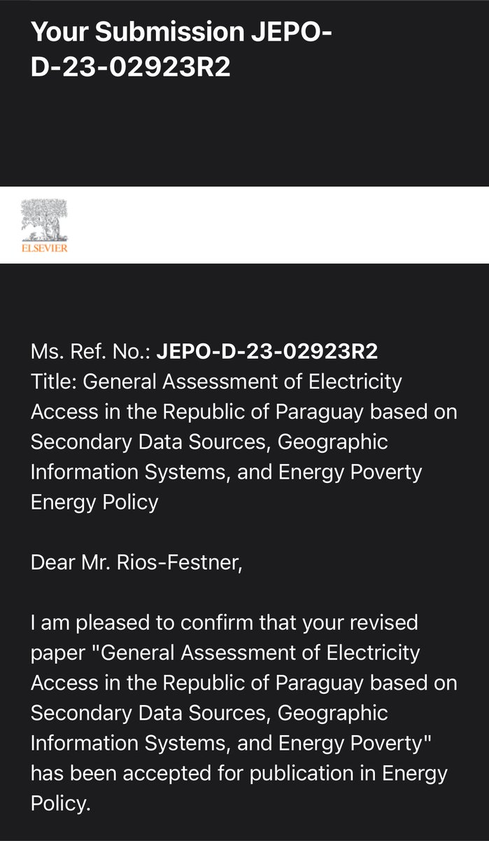 1/3: ¡Gran noticia! Nuestro artículo fue aceptado en la Revista Científica Energy Policy. Fruto de la colaboración entre investigadores de <a href="/crece_py/">CRECE Paraguay</a> <a href="/GISE_FPUNA/">GISE-FPUNA</a> <a href="/fpuna/">Facultad Politécnica UNA</a> <a href="/el_BID/">Banco Interamericano de Desarrollo</a> y la <a href="/ANDEOficial/">ANDE Página Oficial</a>, este logro nos llena de felicidad y orgullo. ¡Directo de 🇵🇾 para el mundo!