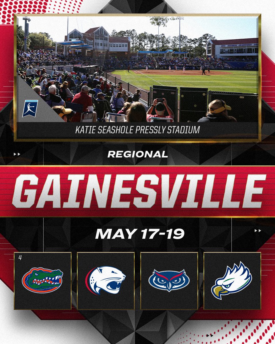 Gainesville Regional
📅 May 17-19

(4) <a href="/GatorsSB/">Gators Softball</a>
<a href="/SouthAlabamaSB/">South Alabama Softball 🥎</a>
<a href="/FAUSoftball/">Florida Atlantic Softball</a>
<a href="/FGCU_Softball/">FGCU Softball</a>

#RoadToWCWS