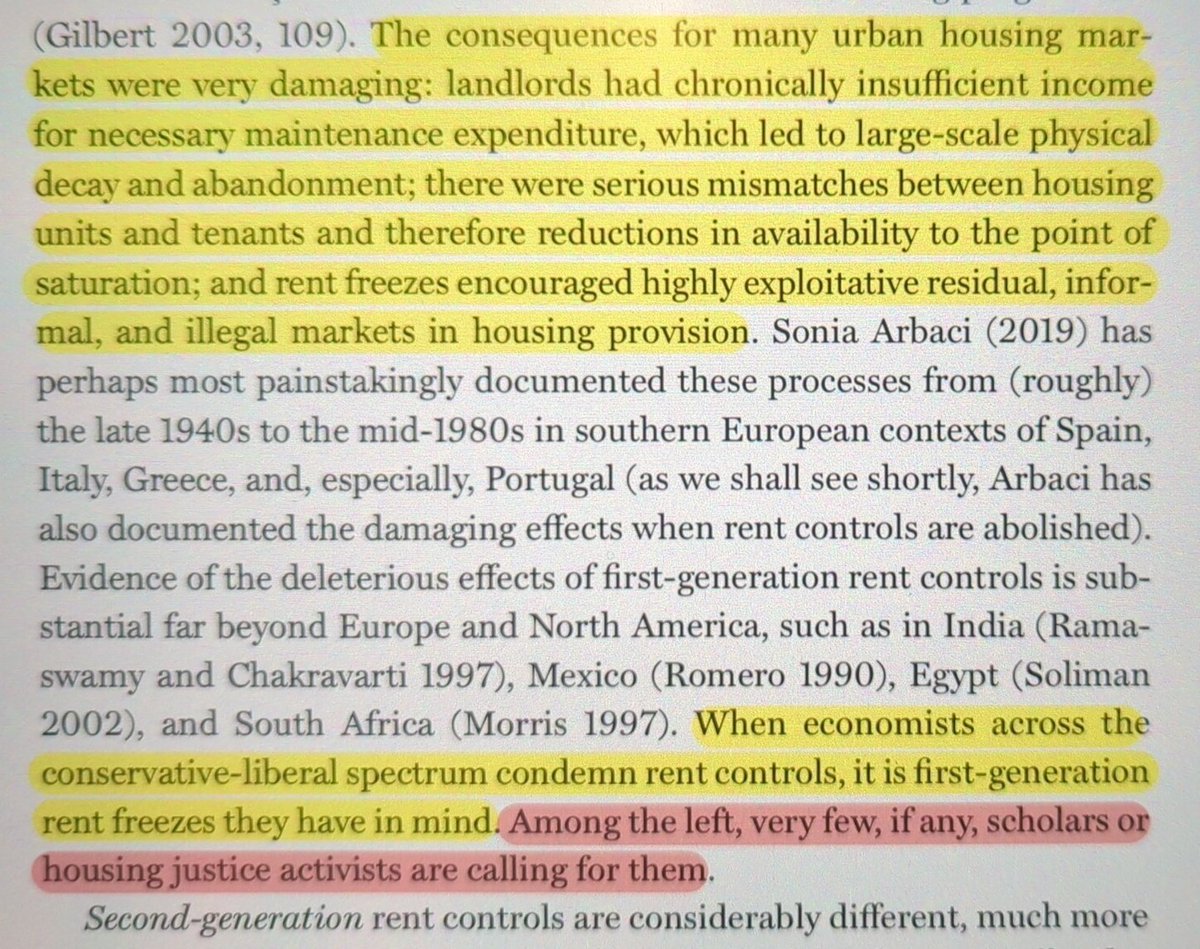 Tom Slater is a leftist housing scholar, and even his book clarifies that rent freezes have such devastating effects that 'among the left, very few, if any, scholars or housing justice activists are calling for them'. So I'm surprised to see @purplepingers do so.