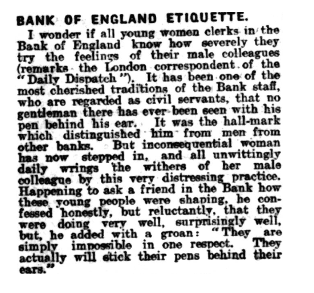 Mother of God, how did the good men of @bankofengland cope with all these women with pens behind their ears?! The Leicester Evening Mail, 13 May, 1916. @BNArchive