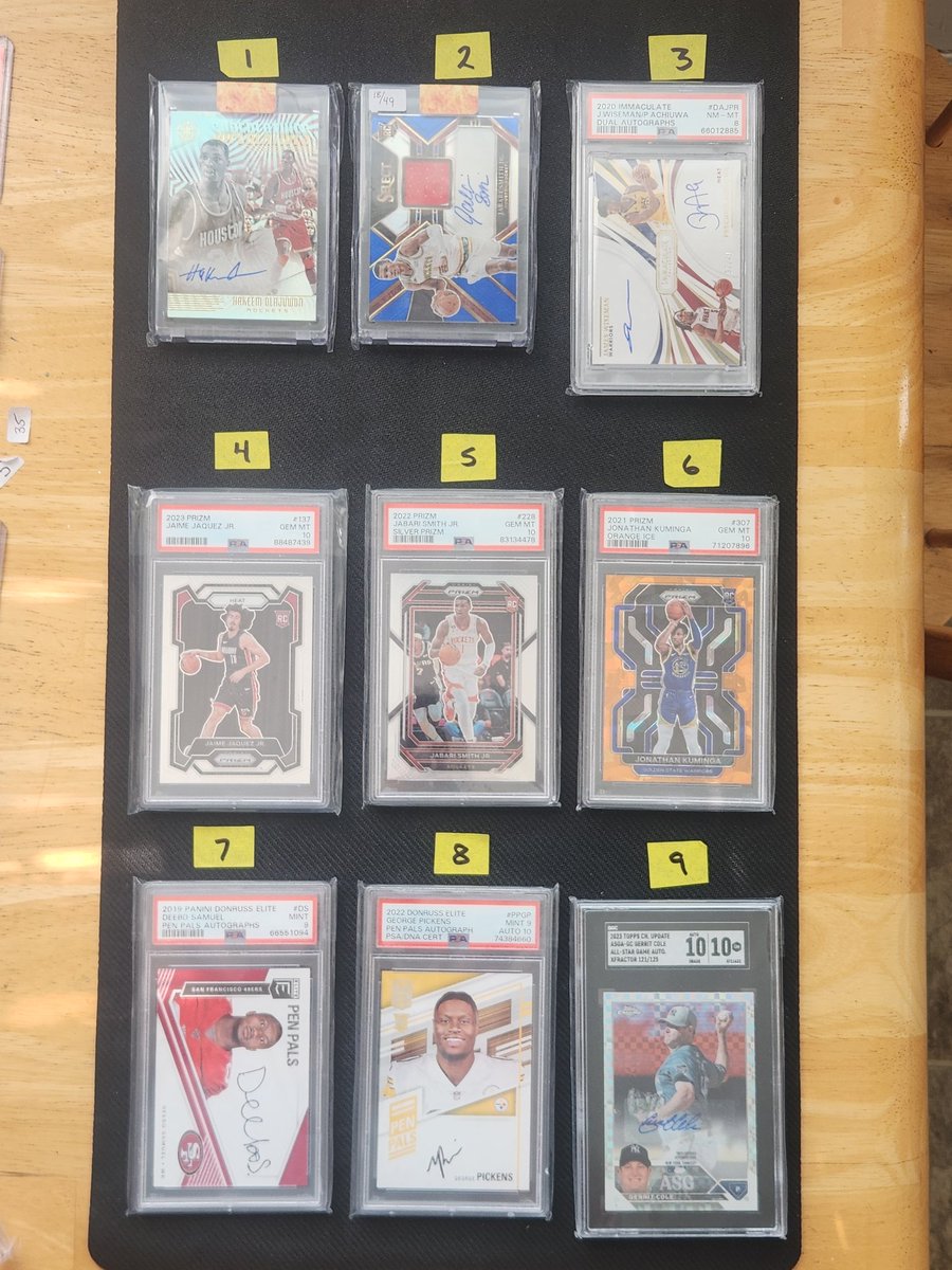 Lot #66 Deebo Pen Pals $100 Pickens Pen Pals $80 Cole xfractor $150 Hakeem Auto $100 Smith Jr Rc Auto Jsy /49 $120 Jaquez jr Prizm RC PSA 10 $75 Smith Jr Silver Prizm RC $90 Kuminga Orange Ice Prizm RC $130 Wiseman/Achiuwa Dual auto psa 8 $100 #FatherAndSonStacks see pinned tweet