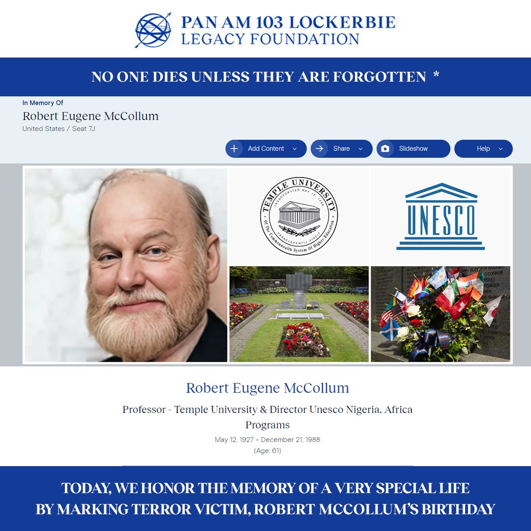 Today, we honor the memory of a very special life by marking Robert McCollum’s birthday.
pa103ll.org/living-memoria…
#noonediesunlesstheyareforgotten #panam103memorial #panam103
#rememberingpanam103 #neverforget  #weremember #Lockerbie #panamflight103 #USHistory #victimsofterrorism