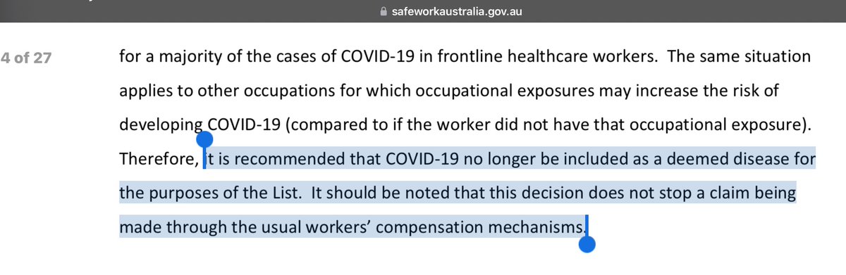 Safe Work Australia has removed #COVID19 from the 2023 ‘Interim review of the Safe Work Australia 2021 Deemed Disease List’ for workers. This is quite the read & includes H5N1 for Vets. @DavidJoffe64 @YouAreLobbyLud @SMpwrgr @NjbBari3 @BrendanCrabbAC safeworkaustralia.gov.au/doc/2023-inter…