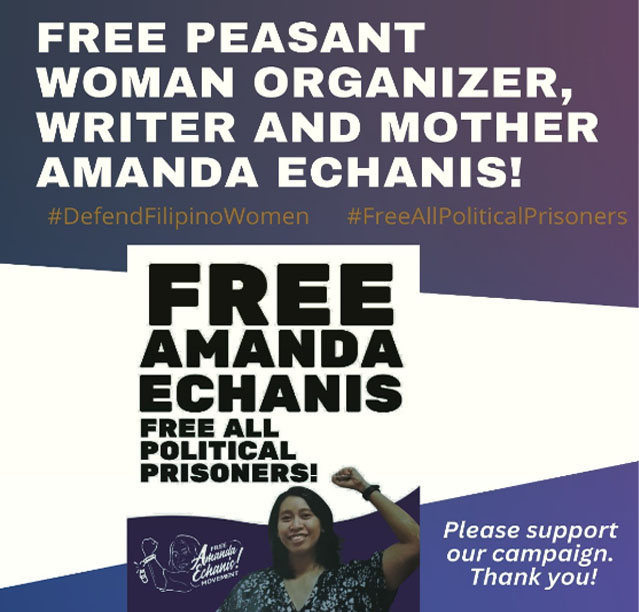 STATEMENT | Free peasant woman organizer, writer and mother Amanda Echanis!

Read statement - facebook.com/amihanwomen

#FreeAmandaEchanis
#FreeAllPoliticalPrisoners
