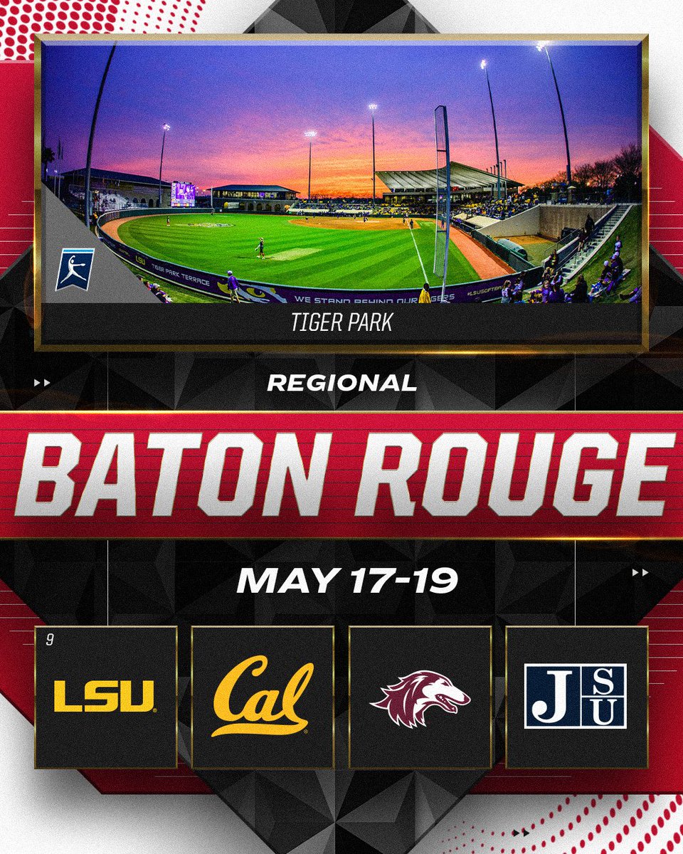 NCAA Softball (@ncaasoftball) on Twitter photo Baton Rouge Regional
📅 May 17-19
(9) <a href="/LSUsoftball/">LSU Softball</a>
<a href="/CalSB/">Cal Softball</a>
<a href="/SIU_Softball/">Saluki Softball</a>
<a href="/GoJSUTigersSB/">JSU Tigers Softball</a>
#RoadToWCWS Baton Rouge Regional
📅 May 17-19
(9) <a href="/LSUsoftball/">LSU Softball</a>
<a href="/CalSB/">Cal Softball</a>
<a href="/SIU_Softball/">Saluki Softball</a>
<a href="/GoJSUTigersSB/">JSU Tigers Softball</a>
#RoadToWCWS