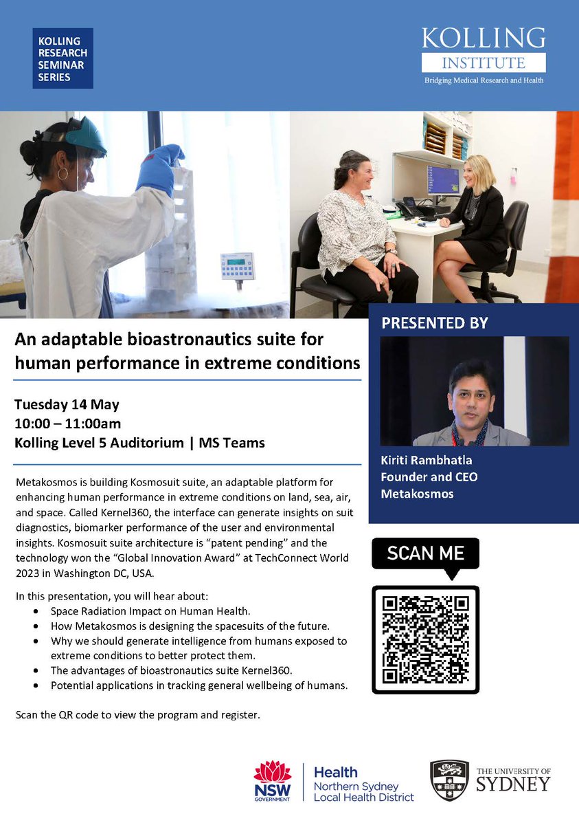 A chance tomorrow to hear from @MetakosmosOrg CEO Kiriti Rambhatla discussing a protective suit for extreme space, land and sea conditions and its long-term health benefits. REGISTER here for this special event: eventbrite.com.au/e/adaptable-bi… @syd_health @NthSydHealth @KollingINST