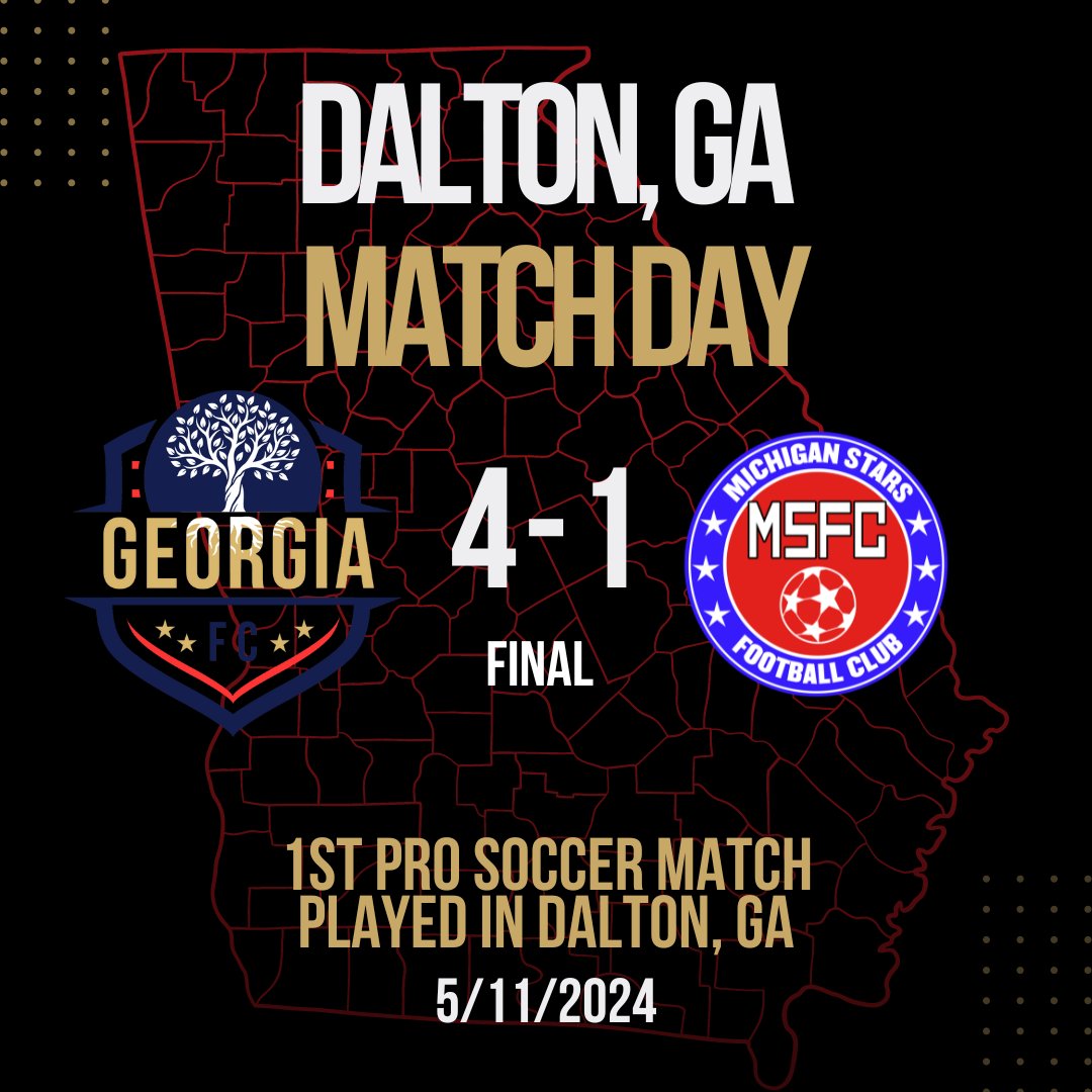 What a day in Dalton! 

GeorgiaFC triumphs with a spectacular 4-1 win over Michigan Stars FC in the 1st professional soccer match at Dalton Stadium! 🏟️⚽

Our team showed incredible skill and spirit, making history in front of an electrifying home crowd. 

Thank you, Dalton! 💥