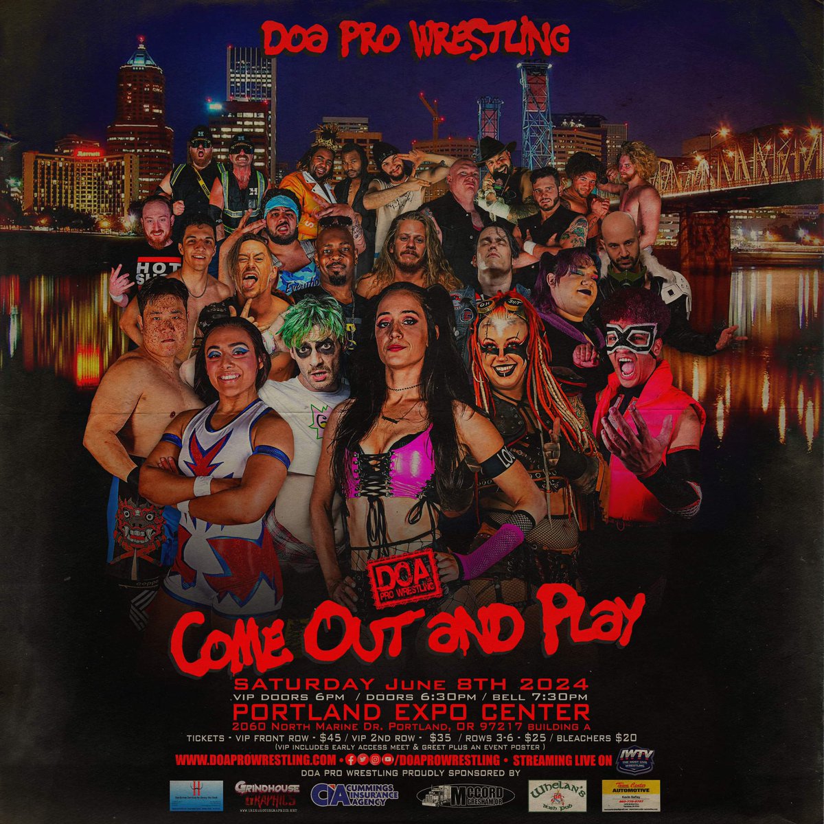 DOA returns to the Portland Expo Center on Saturday, June 8th with COME OUT AND PLAY! Featuring Heidi Howitzer, Randy Myers, Daniel Makabe, Matt Brannigan, Izzy James, Anton Voorhees, Amira, Jaiden, Drake Kwon, Kel & more! Streaming on IWTV! 🎟️Tickets go on sale Monday @ 10am