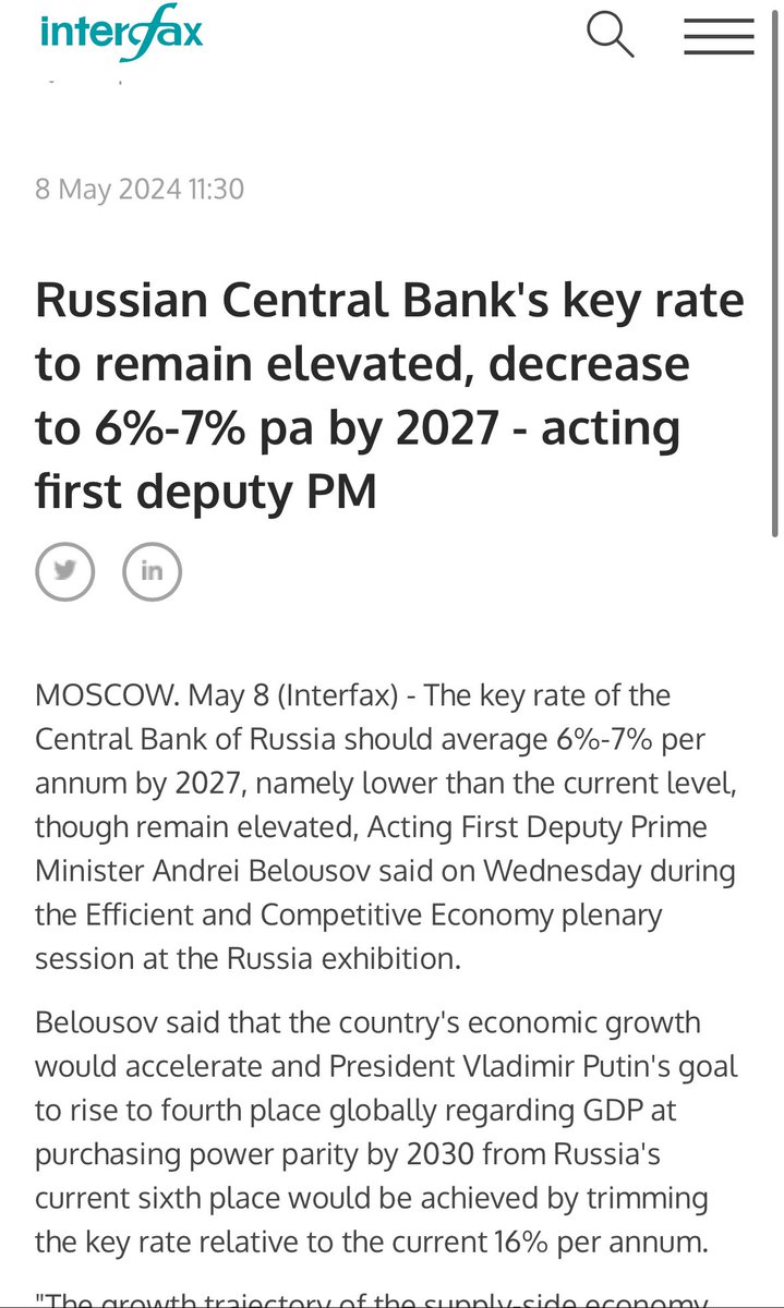 Andrei Belousov, Russia’s new defence minister has served as Russia’s representative to the EBRD, heads the National Council for Financial Stability of the Central Bank from the Russian Federation, and laid out his thoughts on interest rates just last week. Truly an Economic War.