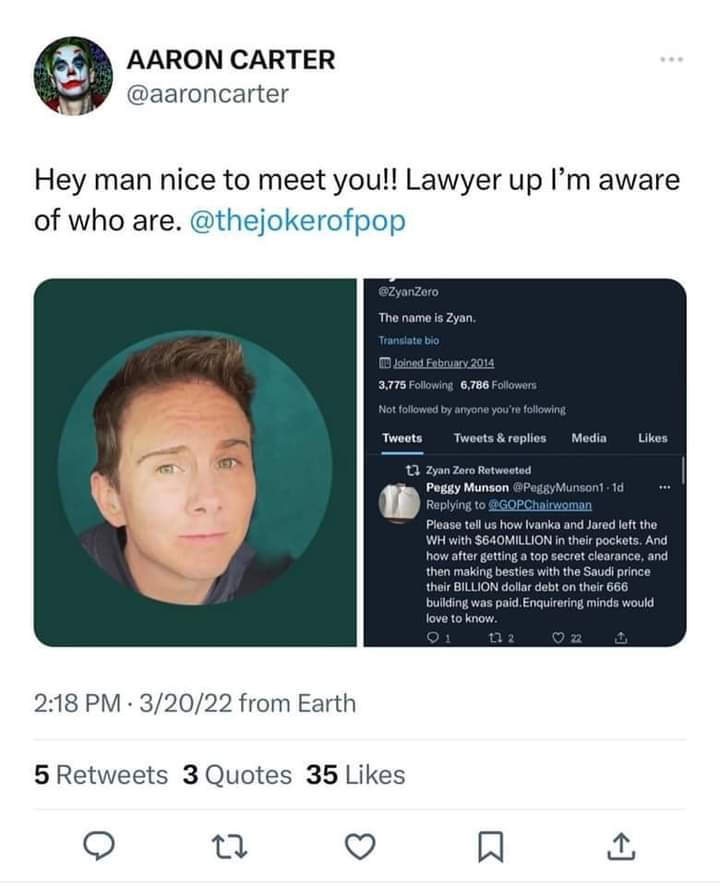 Oh look Angeleena the guy you were defending a few minutes ago saying that he got doxxed because his identity and name got found out because he got investigated for STALKING #AaronCarter then Aaron was planning to take him to court.