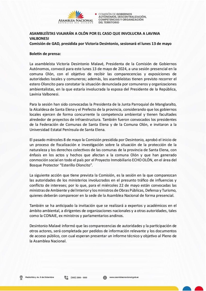 BitacoraAmbiental (@bitacoraec) on Twitter photo El #OlonGate recién empieza
Mañana la Comisión Especializada Permanente de Gobiernos Autónomos Descentralización, Competencias y Organización del Territorio de <a href="/AsambleaEcuador/">Asamblea Nacional</a> sesionará en la Comuna #Olon para iniciar el proceso de fiscalización por #EchoOlon y el relleno del El #OlonGate recién empieza
Mañana la Comisión Especializada Permanente de Gobiernos Autónomos Descentralización, Competencias y Organización del Territorio de <a href="/AsambleaEcuador/">Asamblea Nacional</a> sesionará en la Comuna #Olon para iniciar el proceso de fiscalización por #EchoOlon y el relleno del
