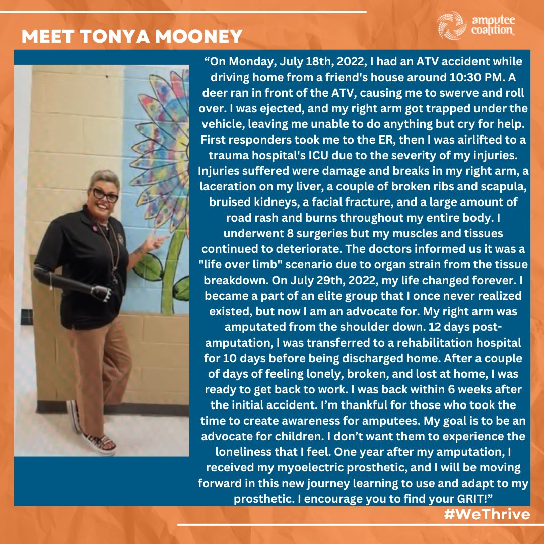 Meet Tonya Mooney, please take the time to read her story. Thank you for sharing, Tonya! We invite you to share your #WeThrive story: bit.ly/3l7fXYh #AmputeeCoalition #AdaptAndOvercome #LimbLoss #LimbDifference #NoAmputeeAlone