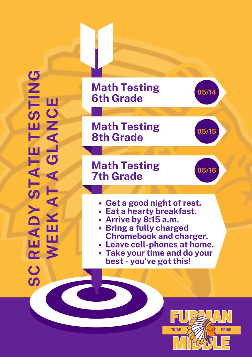 J. Tanner Curry (@jtannercurry) on Twitter photo State testing resumes Tuesday. Please ensure each student eats breakfast and arrives by 8:15 well rested, with a Chromebook and charger each day thru 5/16. Best wishes to our students on each of their tests - you've got this! <a href="/FurmanMSchool/">Furman Middle School</a> State testing resumes Tuesday. Please ensure each student eats breakfast and arrives by 8:15 well rested, with a Chromebook and charger each day thru 5/16. Best wishes to our students on each of their tests - you've got this! <a href="/FurmanMSchool/">Furman Middle School</a>