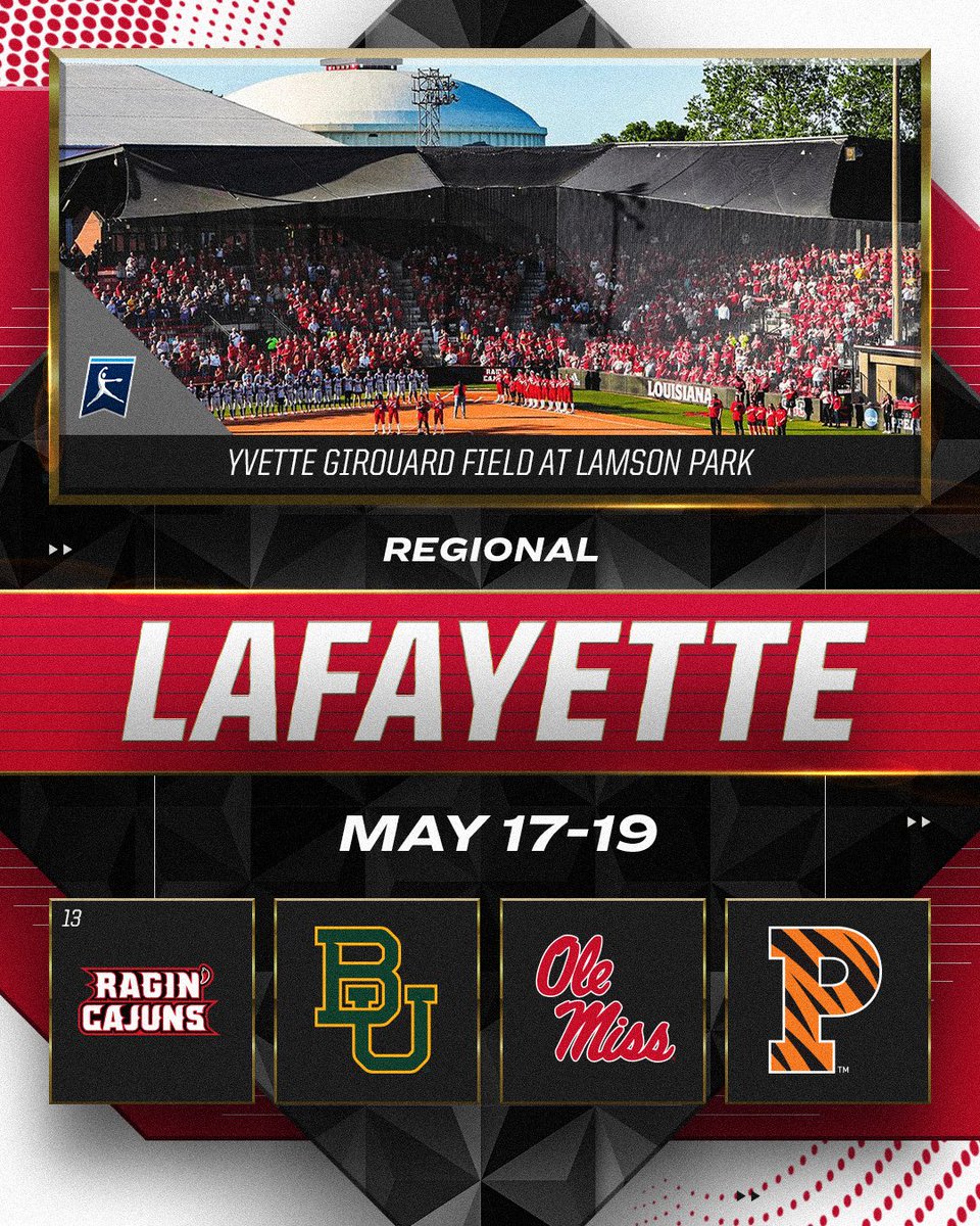 Lafayette Regional
📅 May 17-19

(13) <a href="/RaginCajunsSB/">Louisiana Ragin' Cajuns® Softball</a>
<a href="/BaylorSoftball/">Baylor Softball</a>
<a href="/OleMissSoftball/">Ole Miss Softball</a>
<a href="/PUSoftball/">Princeton Softball</a>

#RoadToWCWS
