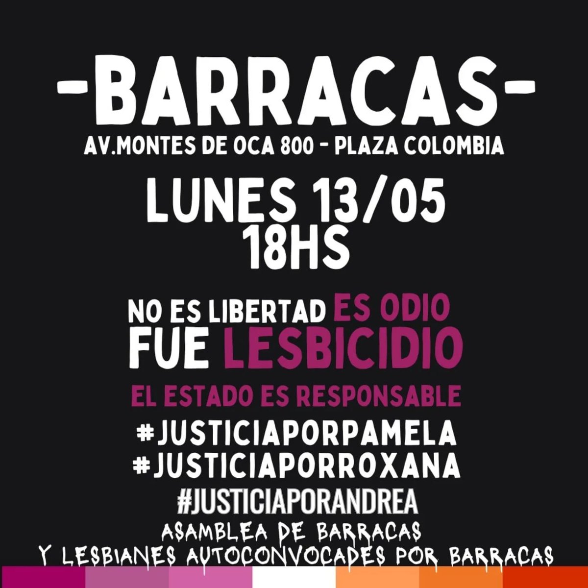 GeneroCTA's tweet image. MASACRE LESBOODIANTE DE BARRACAS
Justicia por Pamela, Roxana y Andrea.

Adherimos a la convocatoria:
Lunes 13: concentra en tu ciudad
📍CABA: Plaza Colombia. Barracas. Montes de Oca 800
⏱️18h

👉🏼Fondo de donaciones. Difundir
Los discursos de odio matan. El Estado es responsable