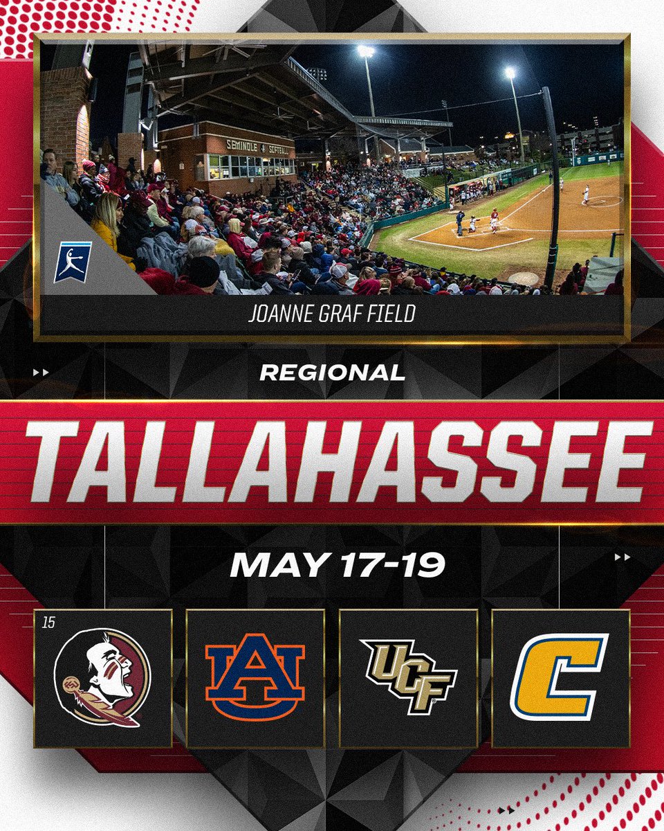 Tallahassee Regional
📅 May 17-19

(15) <a href="/FSU_Softball/">Florida State Softball 🥎</a>
<a href="/AuburnSoftball/">Auburn Softball</a>
<a href="/UCF_Softball/">UCF Softball</a>
<a href="/GoMocsSB/">Chattanooga Softball</a>

#RoadToWCWS