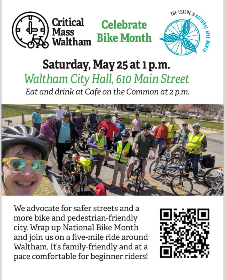 Celebrate Bay State #bikemonth with us by joining our next group ride 🚲🚲🚲🚲

📅 Saturday May 25
🕐 1pm
📍 Waltham City Hall
🗺️ 5 miles
☕️ 🥐 Cafe on the Common after
