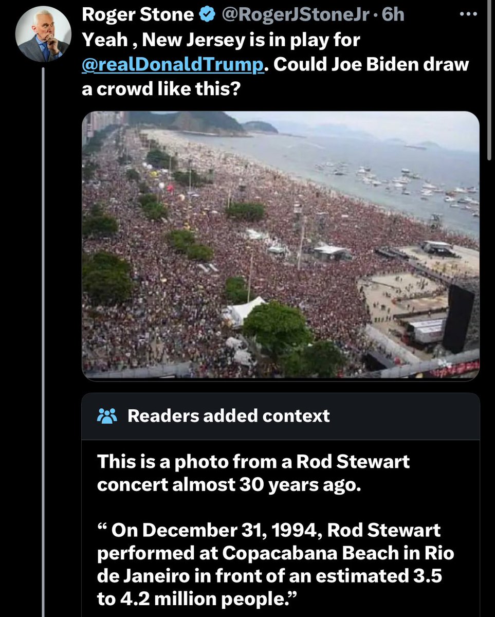 Roger Stone posts a 30 year old picture of a Rod Stewart concert from Rio de Janeiro and tells the MAGA cult it’s the Trump rally from Wildwood, NJ. This is what they do. Lie, cheat, gaslight, and project. They have nothing else. How pathetic. Community notes for the win.