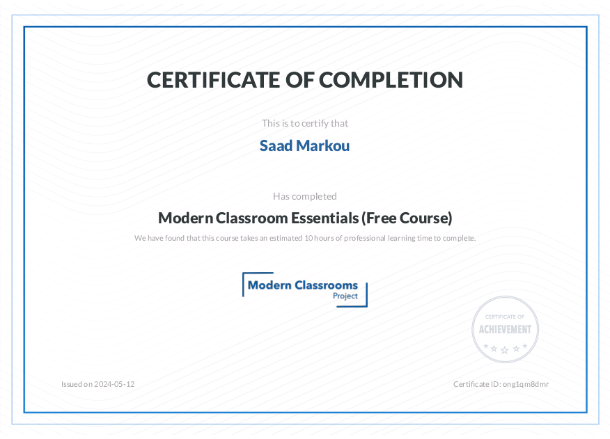 I've learned a lot from the #ModernClassroomsProject's free 🎁 online course -- check it out!
learn.modernclassrooms.org/certificates/o…
🏆 'Modern Classroom Essentials'
Register now to get yours:
learn.modernclassrooms.org/6x6rj
#edtech #pedtech #يوميات_معلم_مغربي #miee @modernclassproj