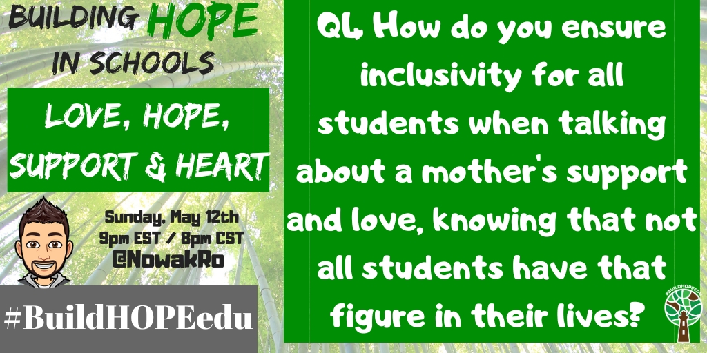 Q4 How do you ensure inclusivity for all students when talking about a mother's support and love, knowing that not all students have that figure in their lives? 

#BuildHOPEedu