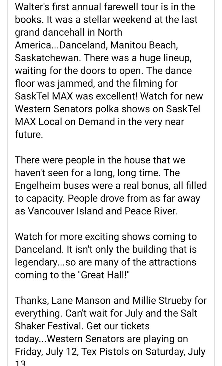 So how did this weekend's polka party at Danceland in Manitou Beach with Canada's King of Polka Walter Ostanek and Sask's @WesternSenators go? Look at their post !! Guess I'll need to update this story headline to 'It'll never be the last call for polka!' cbc.ca/1.6528086