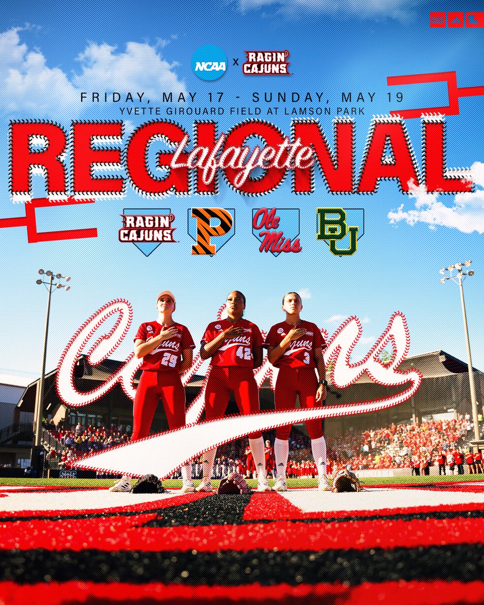 Regionals run 𝙩𝙝𝙧𝙤𝙪𝙜𝙝 𝙇𝙖𝙢𝙨𝙤𝙣! 🏡🤟

👉 𝘕𝘊𝘈𝘈 𝘓𝘢𝘧𝘢𝘺𝘦𝘵𝘵𝘦 𝘙𝘦𝘨𝘪𝘰𝘯𝘢𝘭
🗓 May 17-19
📍 Lamson Park

🔗 RaginCajuns.com/SBRegional

#GeauxCajuns