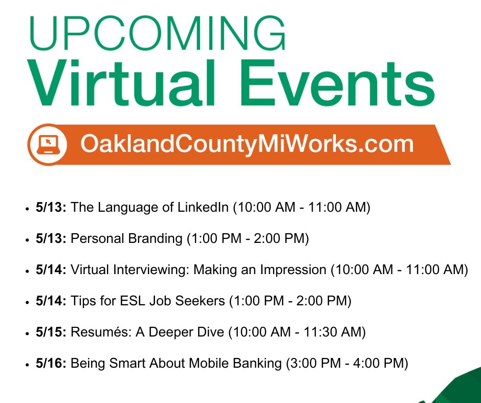 Meet with expert career advisors, for free and from home! Join #OaklandCounty Michigan Works! throughout the week for our virtual workshop series. Learn to use LinkedIn, effectively update your resume and more. RSVP at bit.ly/438hAqf.✅