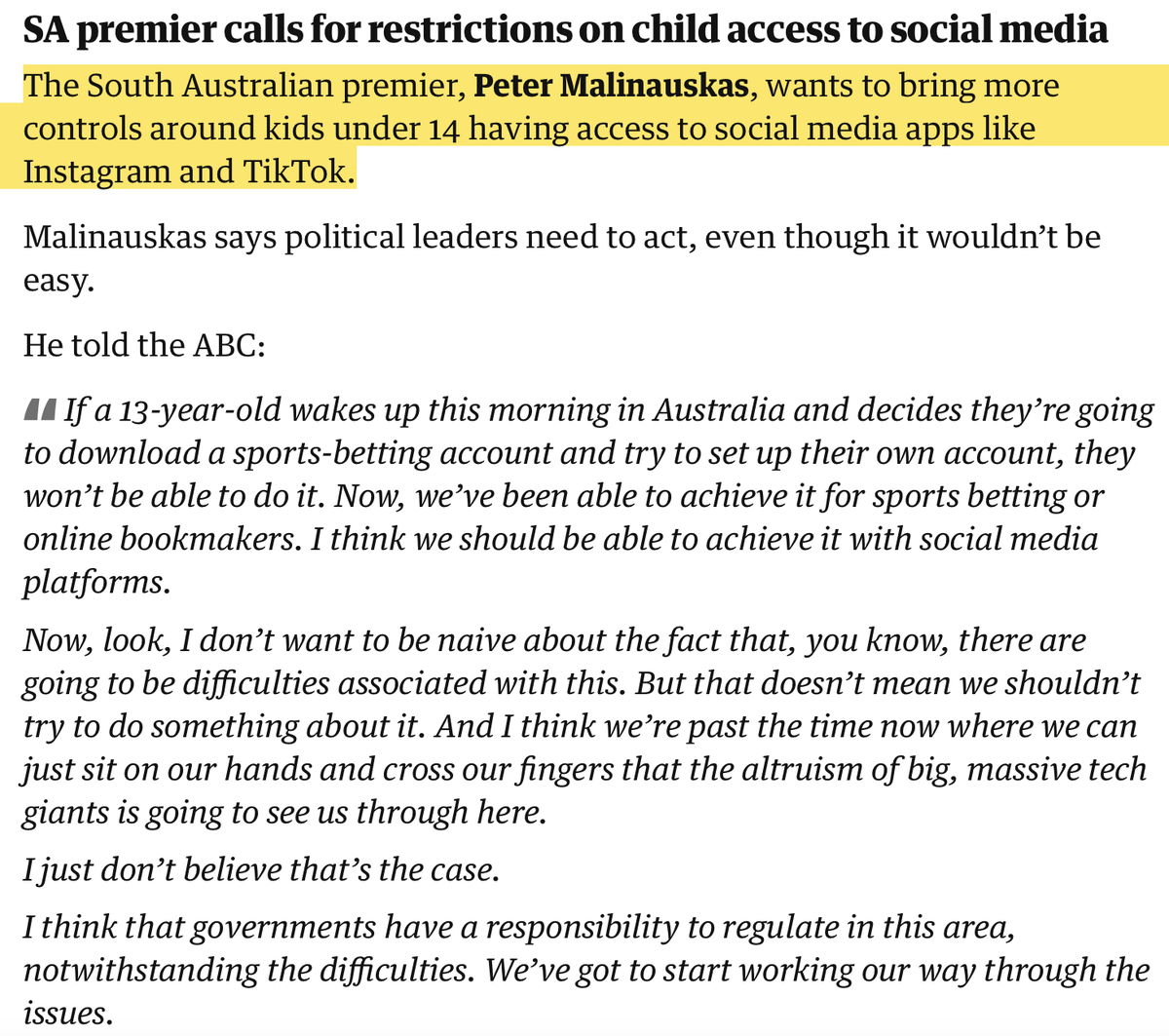 Let me get this straight - SA Premier believes children under 14 aren't mature enough to be legally permitted on social media, but children aged 10-13 can still be imprisoned in his state. It's time to #RaiseTheAge. #saparli