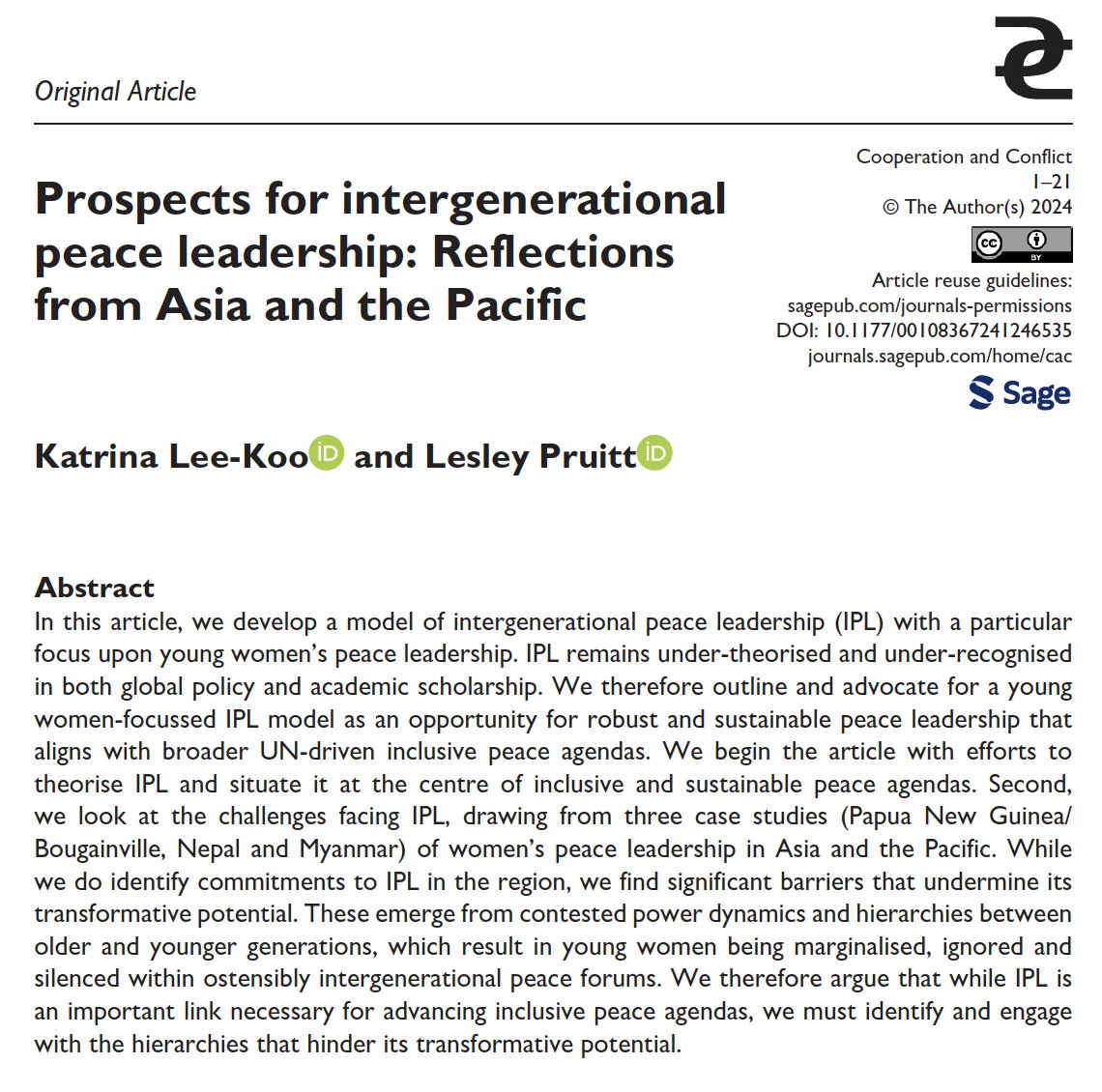 Out in @CoCo_journal and open access: our new @POLSISEngage Head of School, @KateLeeKoo and @UniMelb's @LesleyJPruitt on intergenerational peace leadership in the Asia-Pacific. journals.sagepub.com/doi/10.1177/00…