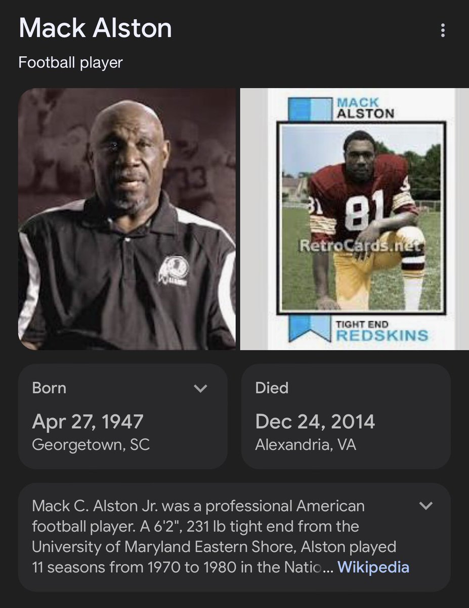 This is my Mom’s first cousin Mack Alston, he played for the Washington Redskins and coached at Howard University.  I remember him visiting us in Florida during the summer.  He looked so much like my Grandfather. 😇 #HallofFamer #FBA #GullahGeechee