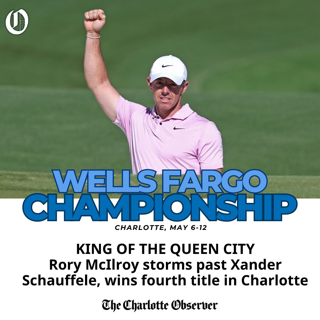 Tied with Xander Schauffele with 9 holes to go, Rory McIlroy found another gear and easily won his 4th Wells Fargo Championship in Charlotte ✍️ @scott_fowler 📸(the great) @jsiner Tap here: charlotteobserver.com/sports/golf/ar…