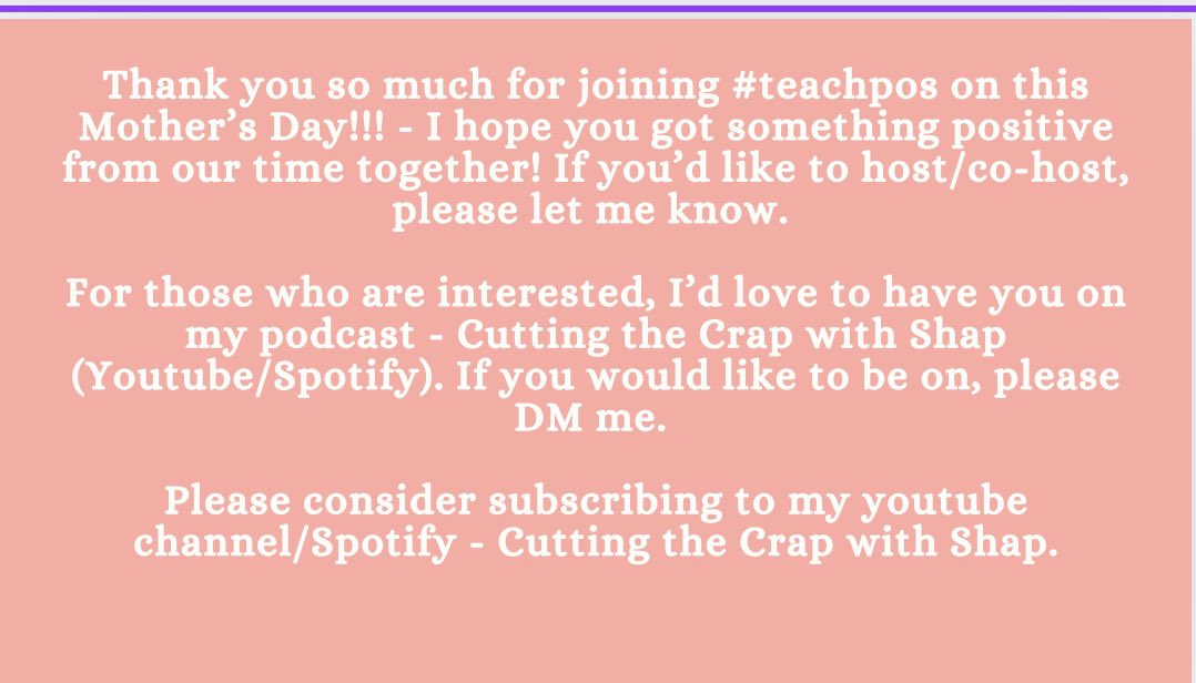 Huge TY on this Mother’s Day. Please know you are appreciated. Thanks for joining #teachpos. Please see below to moderate or be on my podcast - Cutting The Crap with Shap. Here is a quick short to finish us off. PAY IT FORWARD youtube.com/shorts/hasCbMe…