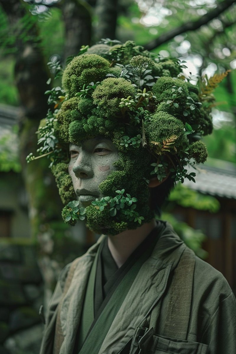 ジトジトじめじめするこんな雨の日はこの苔フェイスガードがオススメ！ 100%天然素材の苔が湿気を吸ってさらにお肌に優しい保湿効果あり✨ さあこれをつけてキミも今日からエコ&クールな苔ファッションをマスターしよう！👍 #midjourney　#AIart