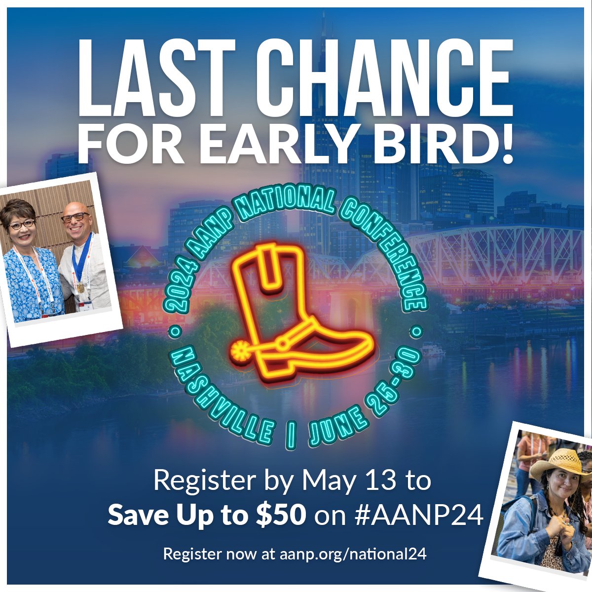 Early bird savings end tomorrow! #AANP24 provides unparalleled opportunities to build your professional network and explore Nashville, Tennessee, alongside your fellow NPs. Register by May 13 to secure your savings: nc.aanp.org. #NPsLead