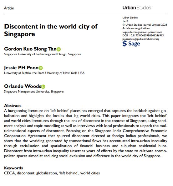 This paper by @GordonKS_Tan et al contributes to thematic diversity by integrating the ‘left behind’ and world cities literatures through the lens of #discontent. #globalisation #CECA ow.ly/h8Si50Ryi6T