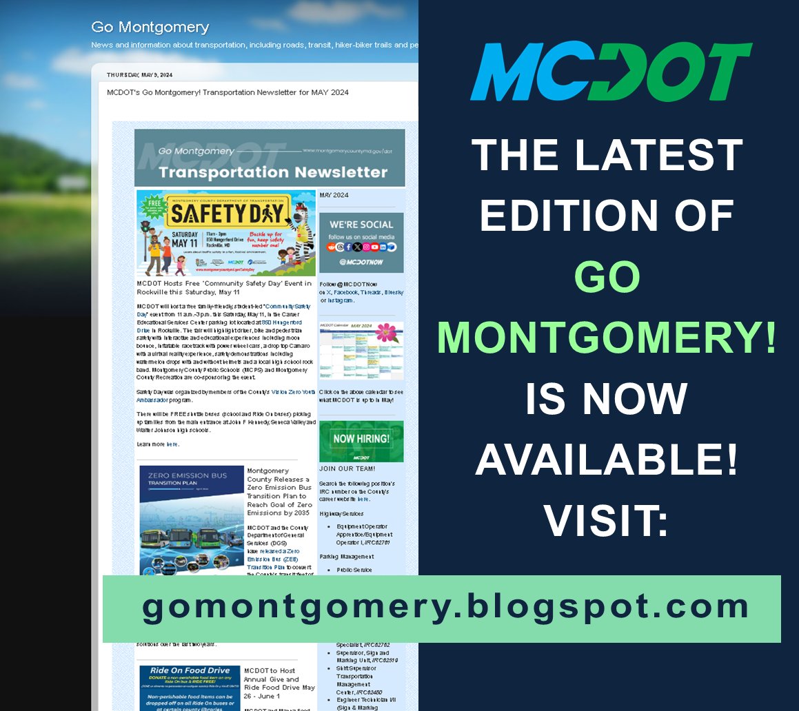 🗞️ICYMI🗞️
Our May 2024 'Go Montgomery' newsletter was released last week. News and information about transportation, including roads, transit, hiker-biker trails and pedestrian safety in @MontgomeryCoMD❗
@BikeToWorkDay @RideOnMCT @PurpleLineMD @Metrorailinfo #publicmeetings