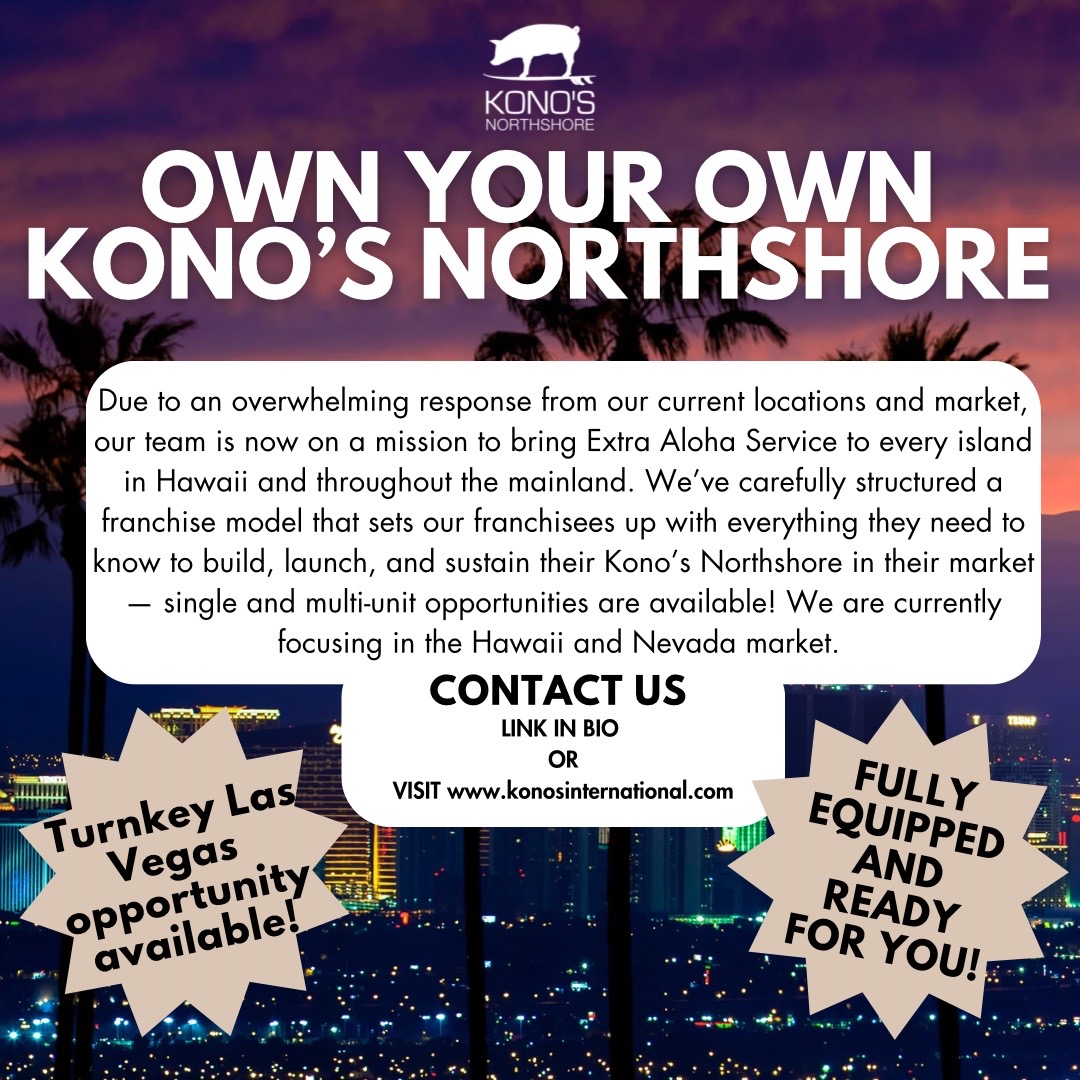 ☀️Interested in the opportunity to own your own Kono’s Northshore?
🤙🏽CONTACT US! We’ve got a turnkey opportunity in Las Vegas!

#franchise #lasvegas #vegas #businessowner #foodie