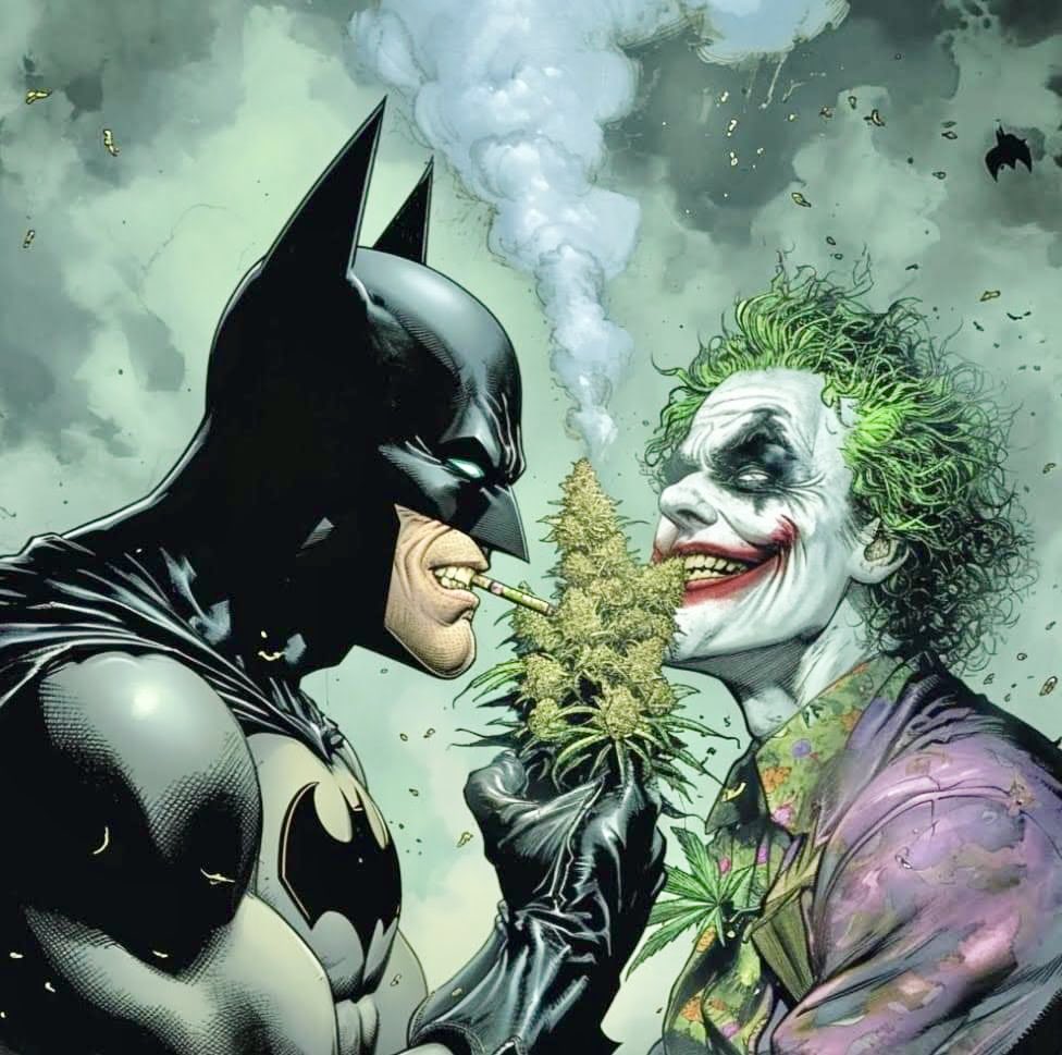 Cannabis brings everyone together for a happy time, even the worst of enemies. #Joker #Batman #420community #StonerFam #420Life #Mmemberville