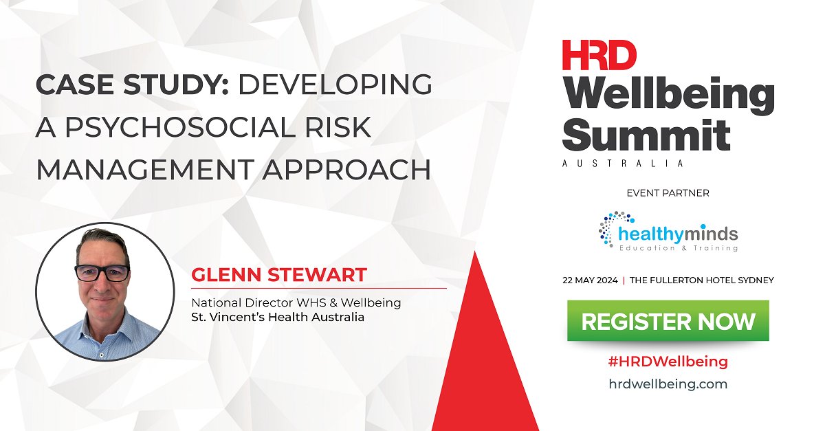 Join @StVHealthAust’s Glenn Stewart for the 'Developing a psychosocial risk management approach' case study at the #HRDWellbeing Summit AU 2024 on May 22 at The Fullerton Hotel Sydney! 

Secure your tickets: hubs.la/Q02wT6gX0

#WorkplaceWellbeing #EmployeeEngagement